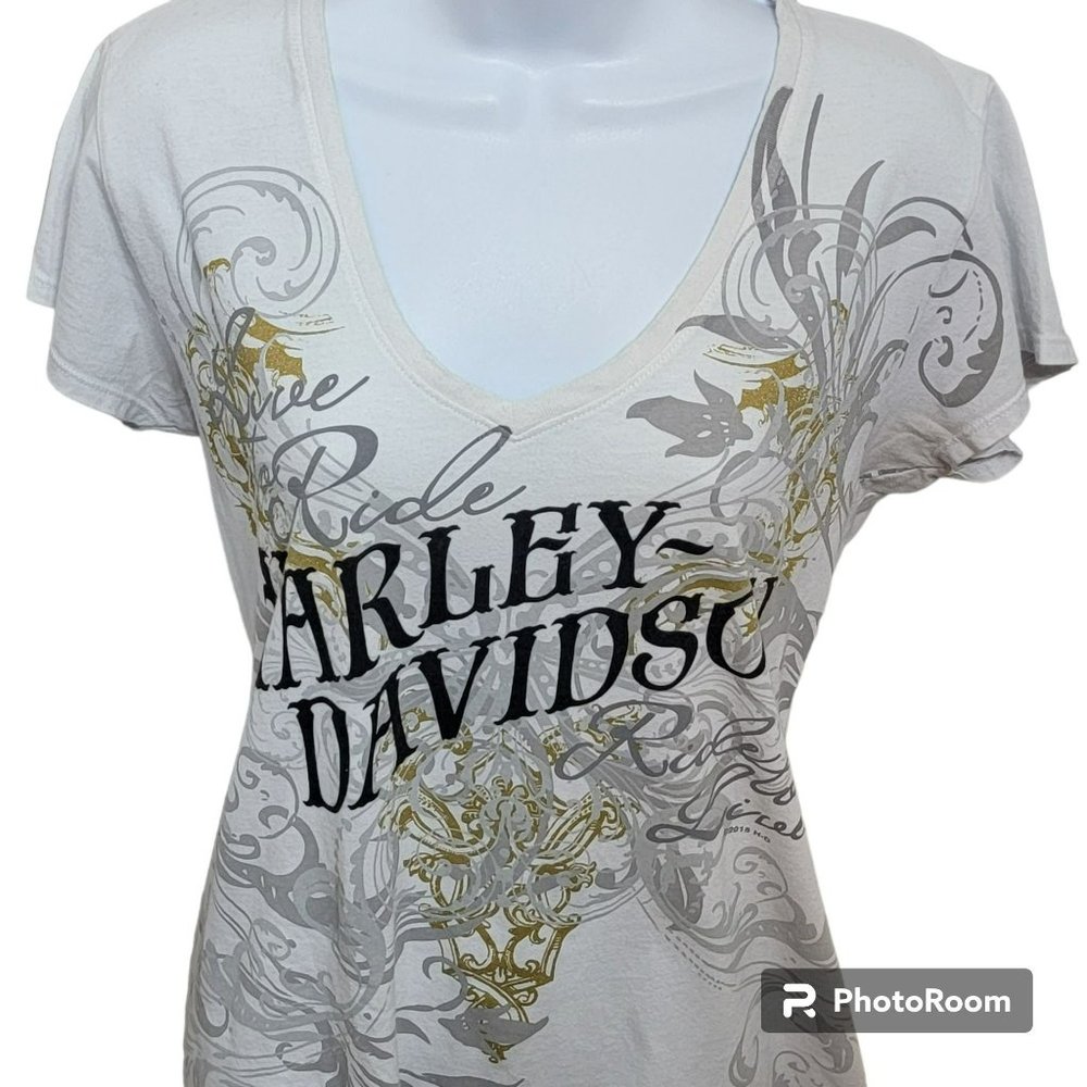 Harley Davidson Tee-Shirt, Women's L, White w/Silver & Gold Fleur Graphics, EUC